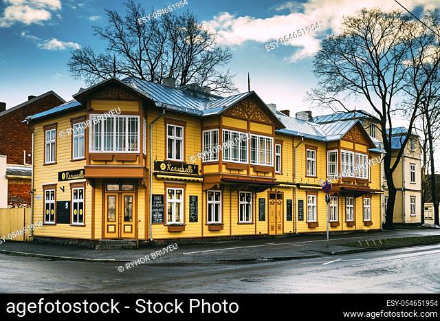 Parnu, Estonia. View Of Old Wooden Two-storey House With Cafe On Karusselli Street
