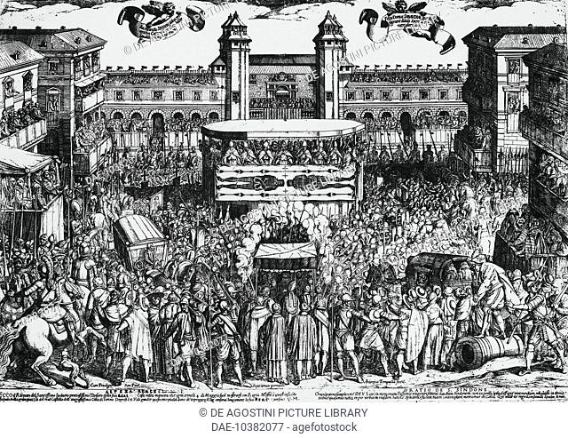View of Piazza del Castello, Turin, during the ostension of the Holy Shroud, 4th may 1613, by Antonio Tempesta (1555-1630) engraving