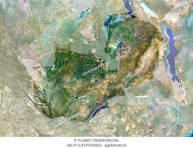 Zambia, Africa, True Colour Satellite Image With Mask. Satellite view of Zambia with mask. This image was compiled from data acquired by LANDSAT 5 & 7...