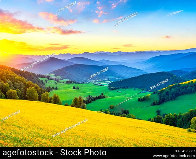 Valley and mountains during sunrise Natural summer landscape