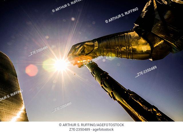 Sunburst on right hand of Genghis Khan statue holding golden whip. Genghis Khan Statue Complex, largest equestrian statue in the world (43 metres or 131 feet...