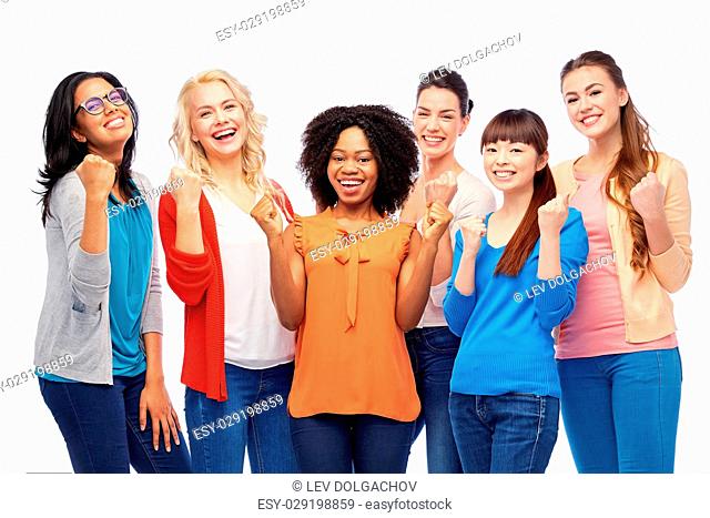 diversity, race, ethnicity and people concept - international group of happy smiling different women celebrating success over white