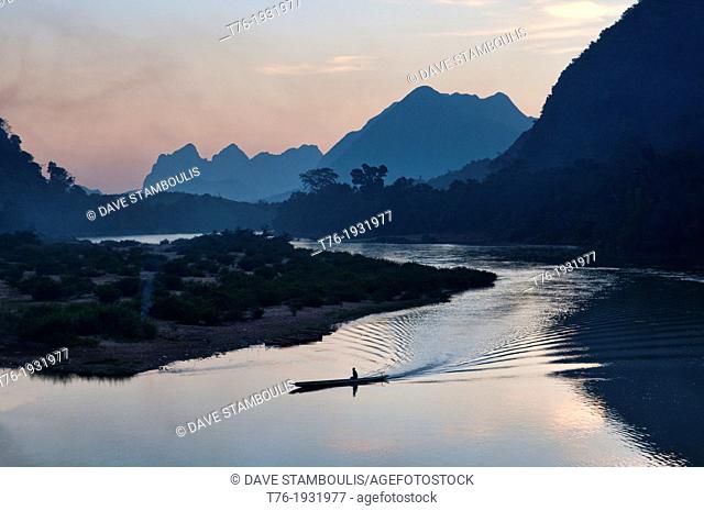 sunset on the Nam Ou River in Muang Ngoi, Laos