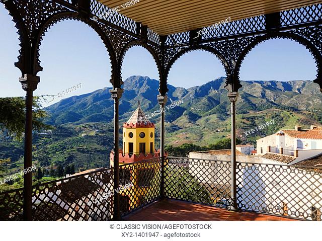 Carratraca, Malaga Province, Spain  Balcony of 19th century Doña Trinidad Grund palace, which is now the Town Hall, featuring artistic ironwork