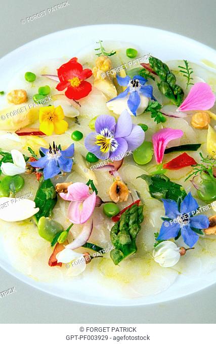 COD CARPACCIO WITH HEMP OIL AND EDIBLE FLOWERS, RECIPE BY LAURENT CLEMENT, COOKBOOK OF LOCAL DISHES FROM THE EURE-ET-LOIR (28), FRANCE
