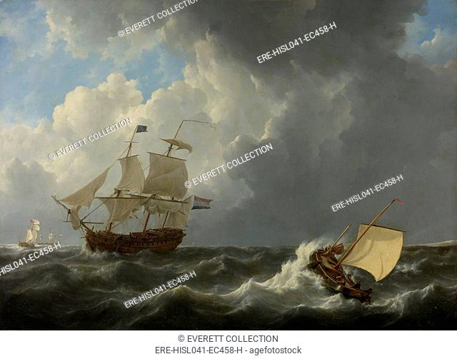 Ships in a Turbulent Sea, by Johannes Christiaan Schotel, 1826, Dutch painting, oil on canvas. Four ships in rough sea, with a Dutch warship in the foreground