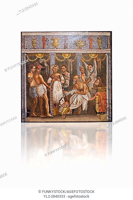 Roman mosaic of actors from the Casa del Poet Tragic (VI 8, 3, ) Pompeii, inv 9986. Naples Archaeological Musum, Italy
