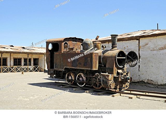 Locomotive, train, Humberstone, salpetre works, abandoned salpetre town, ghost town, desert, museum, UNESCO World Heritage Site, Iquique, Norte Grande region