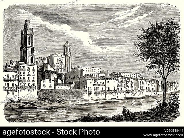 Panoramic landscape view Onyar river, church of Sant Feliu and Saint Mary Cathedral, Girona, Catalonia. Spain, Europe. Old 19th century engraved illustration