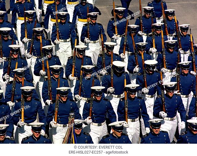 Cadets march in formation during a ceremony at the US Air Force Academy. June 5 1984. BSLOC-2011-12-320