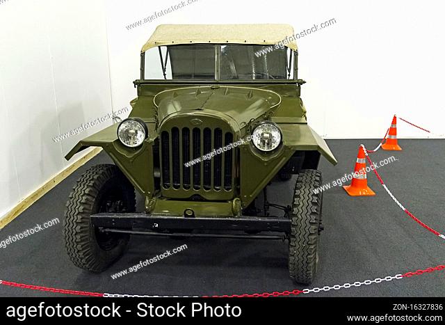 Moscow, Russia - November 10, 2018: GAZ-67B car (made in 1950) at the exhibition of old and rare cars