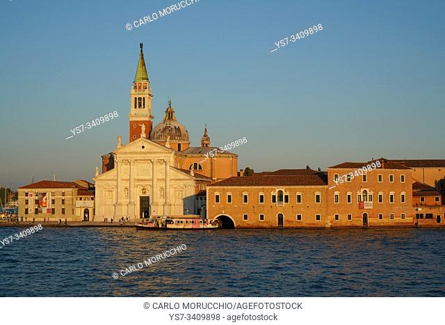 San Giorgio Basilica and island seen from the ferry, Venice lagoon, Venice, Italy, Europe