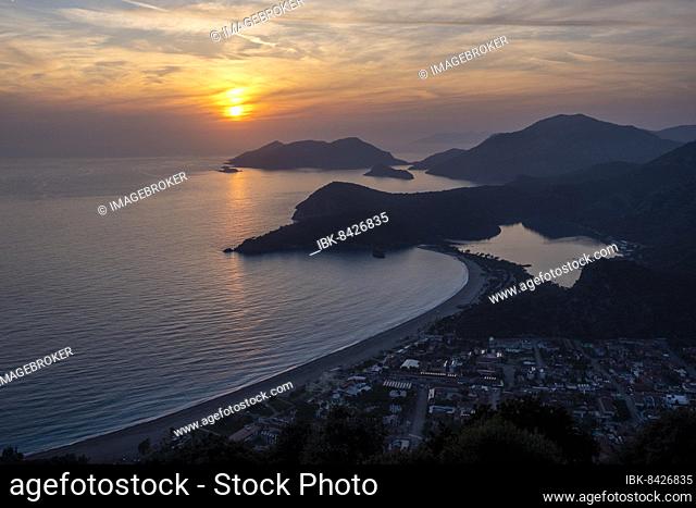 View of Ölüdeniz from the Lycian Way at sunset, in Fethiye, Mugla
