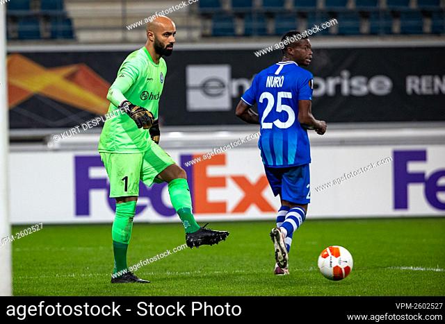 Gent's goalkeeper Sinan Bolat and Gent's Mathias Nurio Fortuna pictured during a soccer match between Belgian club KAA Gent and Serbian team Crvena Zvezda (Red...