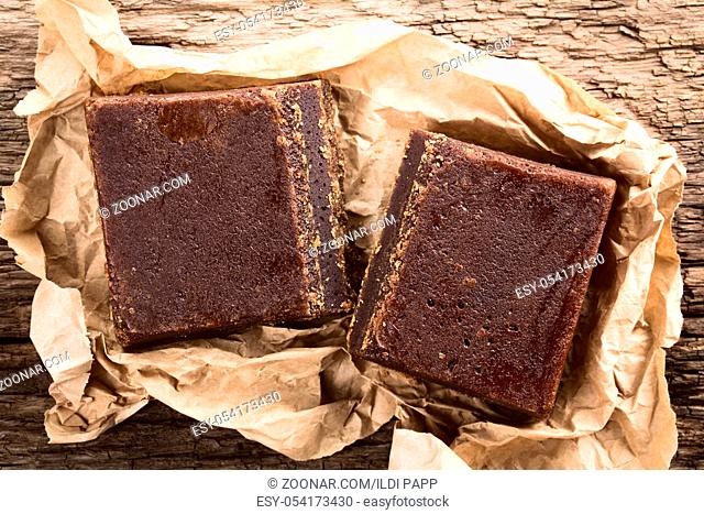 Blocks of chancaca or panela raw unrefined sugar made of sugarcane, used in Latin America to prepare sweet sauces and other sweets