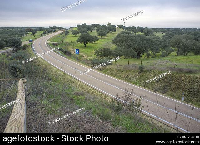 Sierra de San Pedro road EX-303, Extremadura, Spain. Declared as high scenic value road