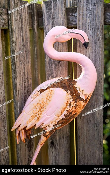 Downed sculpture of a flamingo leans against the garden fence