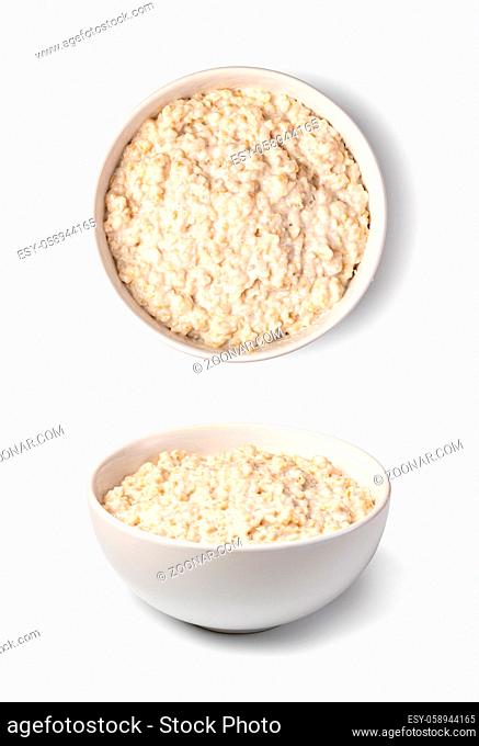 Bowl with prepared oatmeal isolated on white background