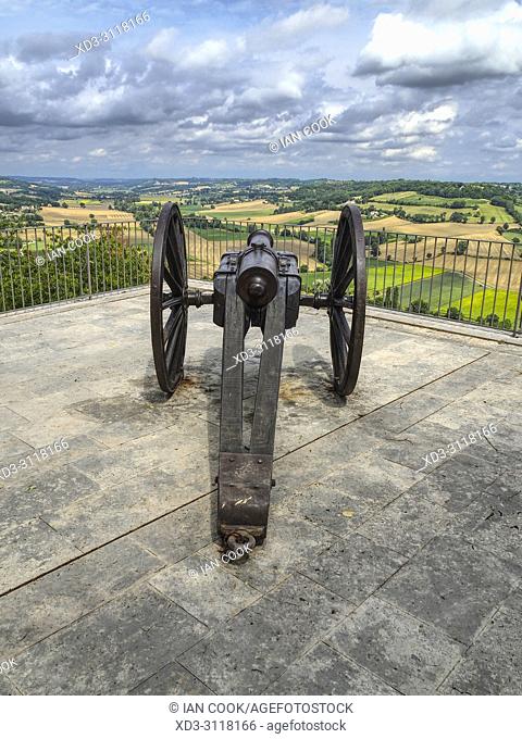 historic canon and La Petite Barguelonne Valley viewed from Lauzerte, Tarn-et-Garonne Department, Occitanie, France