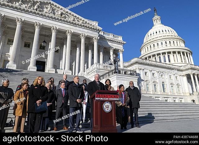 United States House Minority Leader Hakeem Jeffries (Democrat of New York) speaks with members of the Gun Violence Prevention Task Force at an event to mark the...