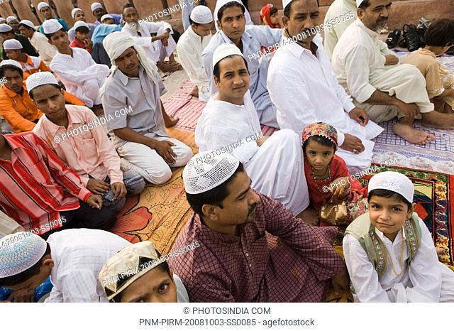 People celebrating Eid in a mosque, Jama Masjid, Old Delhi, India