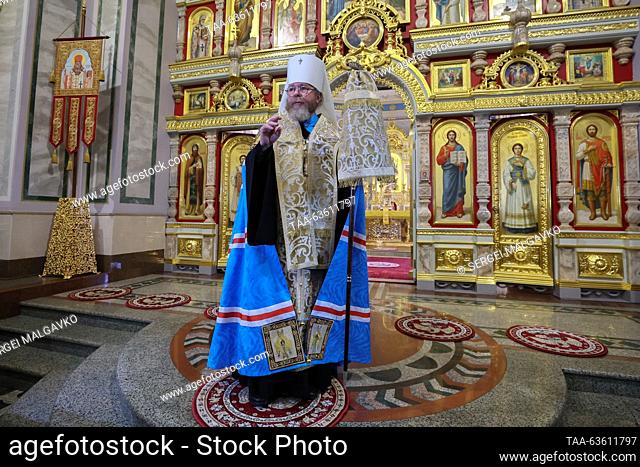RUSSIA, SIMFEROPOL - OCTOBER 21, 2023: Newly-appointed Metropolitan Tikhon of Simferopol and Crimea conducts a prayer service at the Alexander Nevsky Cathedral