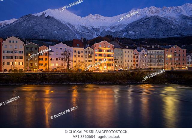 The buildings of Mariahilf at evening with the Nordkette in the background, Tyrol, Austria, Europe