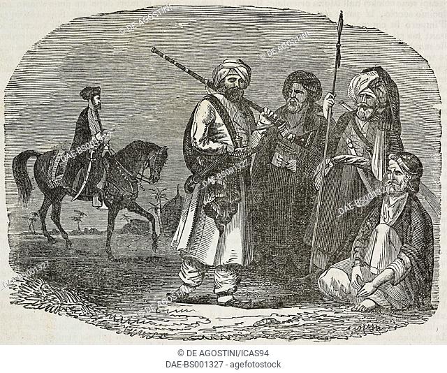 Afghan men with rifles and horses, Afghanistan, illustration from Teatro universale, Raccolta enciclopedica e scenografica, No 268, August 24, 1839