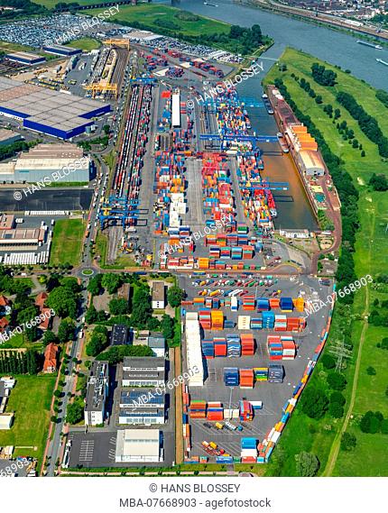 Aerial view, Port of Duisburg, logistics location Logport 1, Duisburg Rheinhausen, container port, Rhine, Rheinhausen, Duisburg, Ruhr area