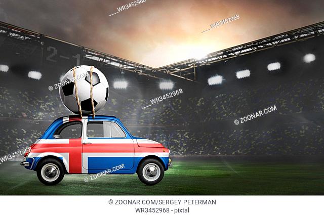 Iceland flag on car delivering soccer or football ball at stadium