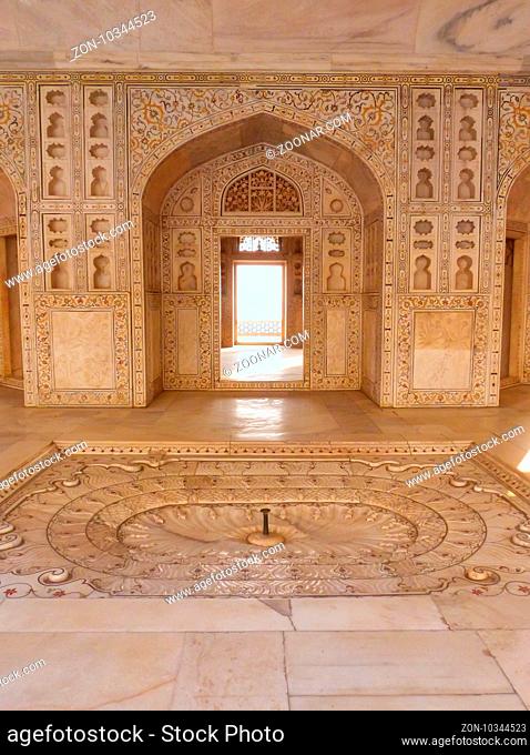 Interior of Khas Mahal in Agra Fort, Uttar Pradesh, India. The fort was built primarily as a military structure, but was later upgraded to a palace