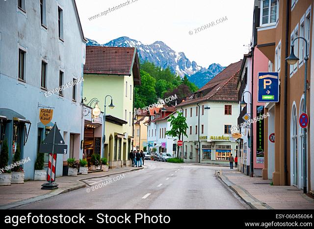 Fussen, Germany - June 4, 2016: View of beautiful historical street in Fussen with typical bavarian architecture buildings