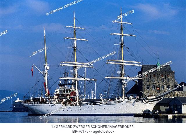 Three-masted sailing ship at Bergen Harbour, Bergen, Norway, Scandinavia