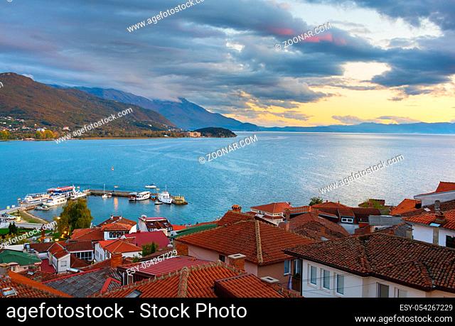 Cityscape of Ohrid at sunset with beautiful sky. Macedonia