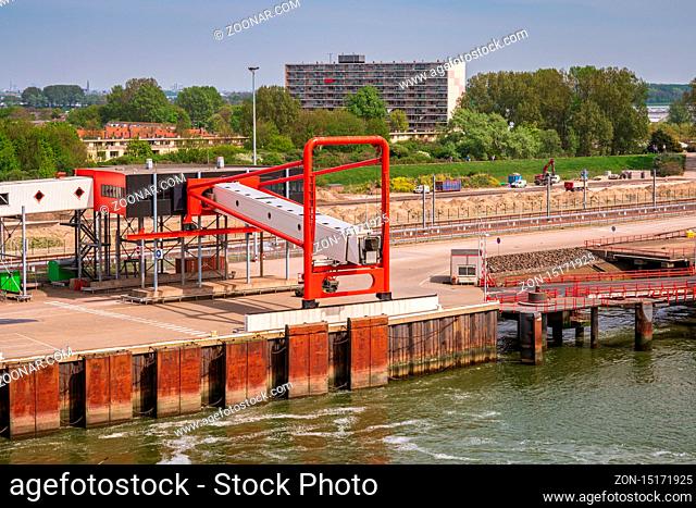 Hook of Holland, Rotterdam, South Holland, Netherlands - April 23, 2019: The harbour and coast with the ferry terminal