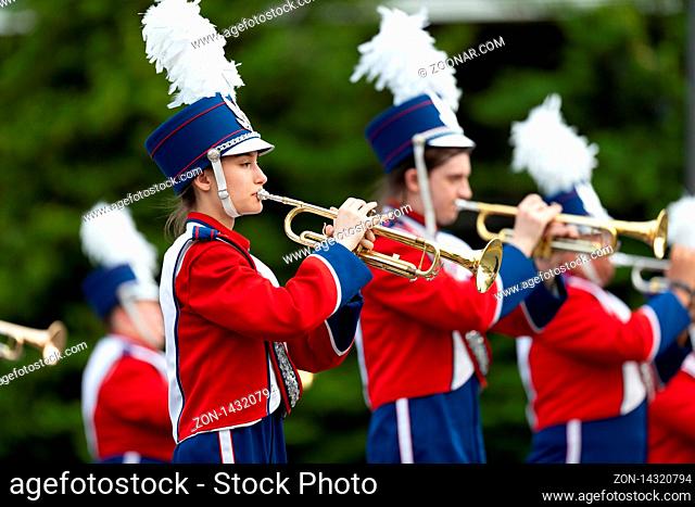 Louisville, Kentucky, USA - May 2, 2019: The Pegasus Parade, Members of the Jennings County High School Marching Pride, performing at the parade