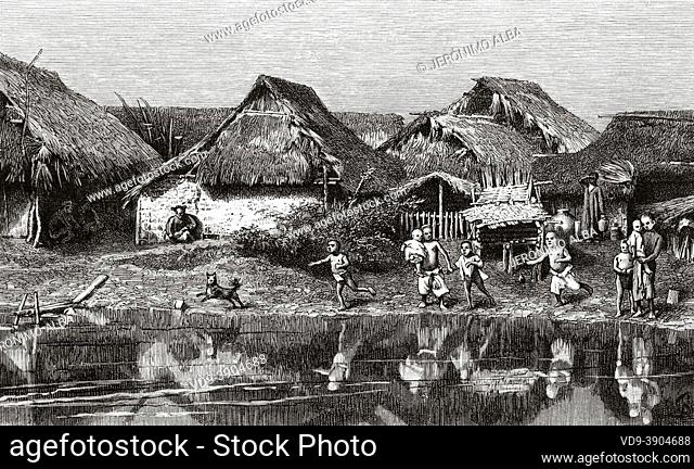 Village and children on the banks of the Red River, Vietnam. Asia. Old 19th century engraved illustration A campaign in Tonkin by Charles Edouard Hocquard from...