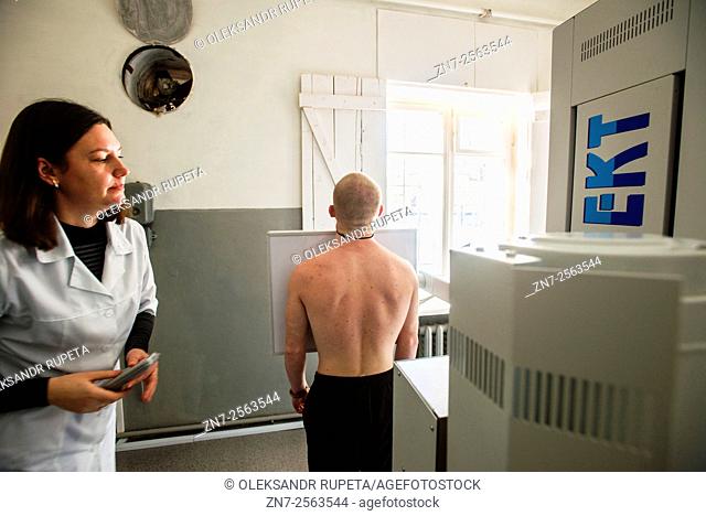 Soldier makes photofluorography in Military Hospital, Ukraine. During Ukrainian-Russian conflict military hospitals overloaded for more than 30%
