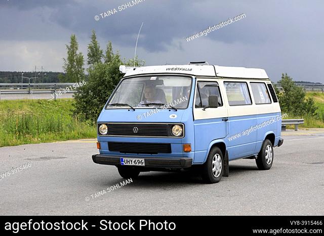 Blue Volkswagen Type 3 Westfalia camper van. The 3rd generation of VW Transporter was manufactured 1979-91 in Germany. Salo, Finland. June 25, 2021