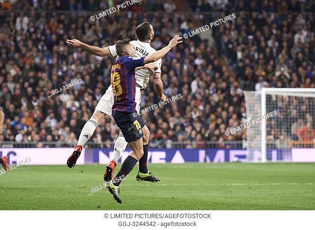 Jordi Alba (defender; Barcelona), Daniel Carvajal (defender; Real Madrid) in action during La Liga match between Real Madrid and FC Barcelona at Santiago...