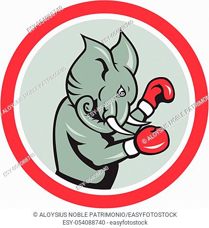 Illustration of an elephant mascot boxer boxing with gloves viewed from side on isolated background set inside a circle done in cartoon style