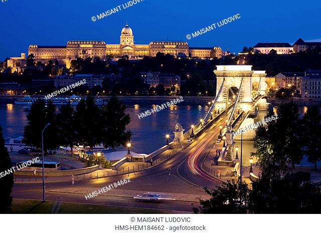 Hungary, Budapest, Belvaros District, Chain Bridge and castle listed as World Heritage by UNESCO
