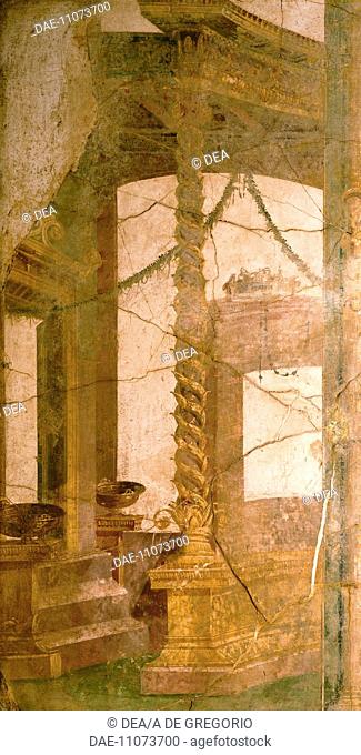 Fresco in Fourth Pompeian Style depicting an architectural decoration. Roman Civilization, 1st Century.  Naples, Museo Archeologico Nazionale (Archaeological...