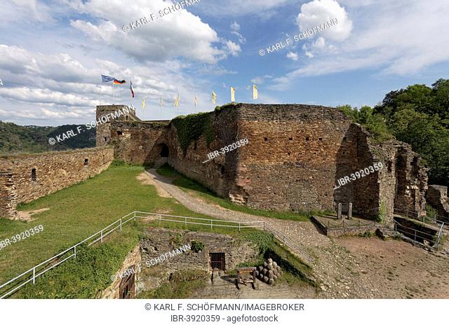 Inner bailey with clock tower, Burg Rheinfels castle, Unesco World Heritage Upper Middle Rhine Valley, near St. Goar, Rhineland-Palatinate, Germany