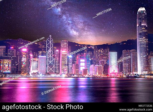 The amazing view of Hong-Kong cityscape full of skyscrapers from the rooftop