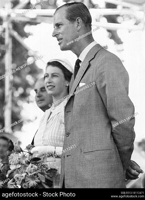 Queen Elizabeth and the Duke of Edinburgh with the Mayor, Dr. H. C. Tod, and Mrs. Tod, on the dais at the public welcome at Cambridge, New Zealand