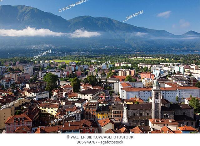 Switzerland, Ticino, Lake Maggiore, Locarno, high angle town view, morning
