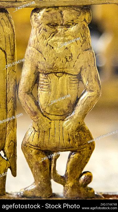 Egypt, Cairo, Egyptian Museum, from the tomb of Yuya and Thuya in Luxor : Detail of a wooden chair, plastered and gilded, god Bes