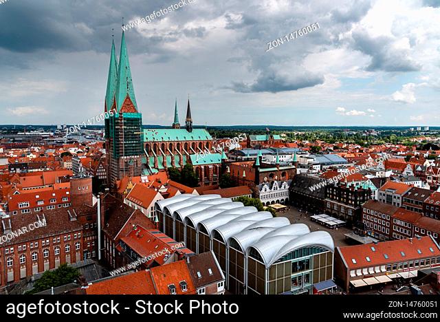 Lubeck, Germany - August 3, 2019: Aerial view of historic centre of the hanseatic town
