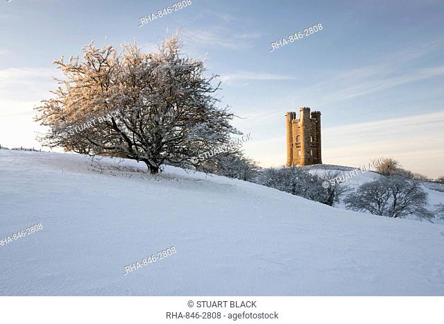 Broadway Tower in winter snow, Broadway, The Cotswolds, Worcestershire, England, United Kingdom, Europe